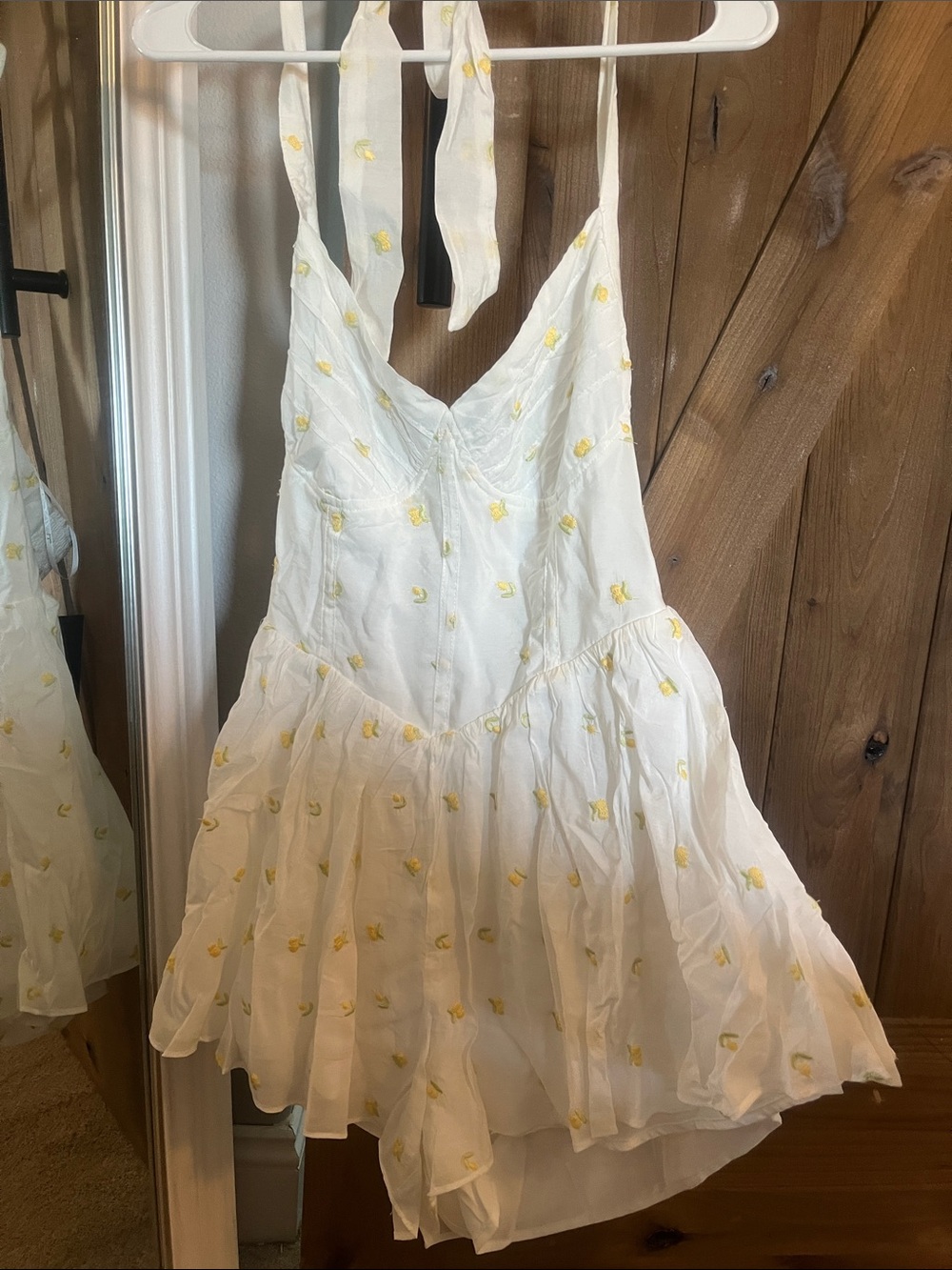 Lulu's White Mini Halter Romper with Yellow Daisy Embroidery